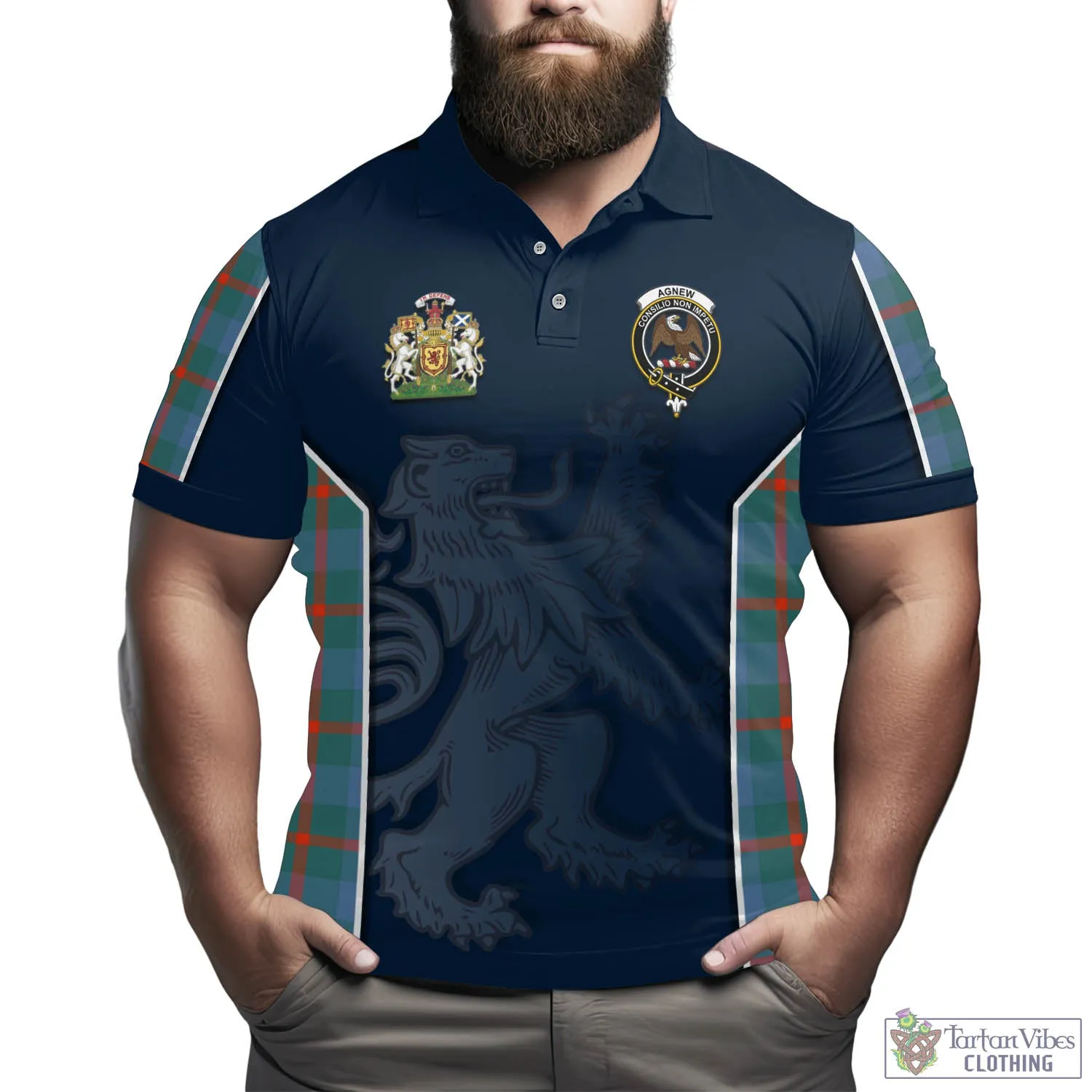 Agnew Ancient Tartan Men's Polo Shirt with Family Crest and Lion Rampant Vibes Sport Style