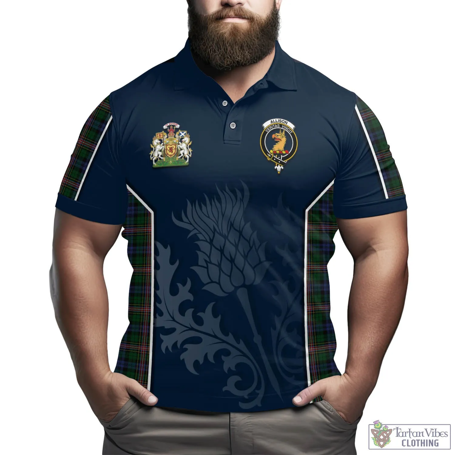 Allison Tartan Men's Polo Shirt with Family Crest and Scottish Thistle Vibes Sport Style