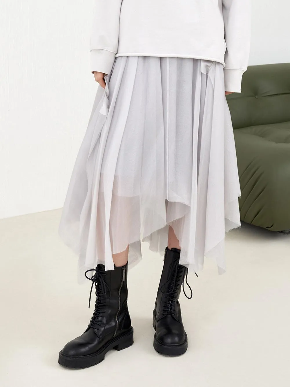 Asymmetric Pleated Silk Skirt