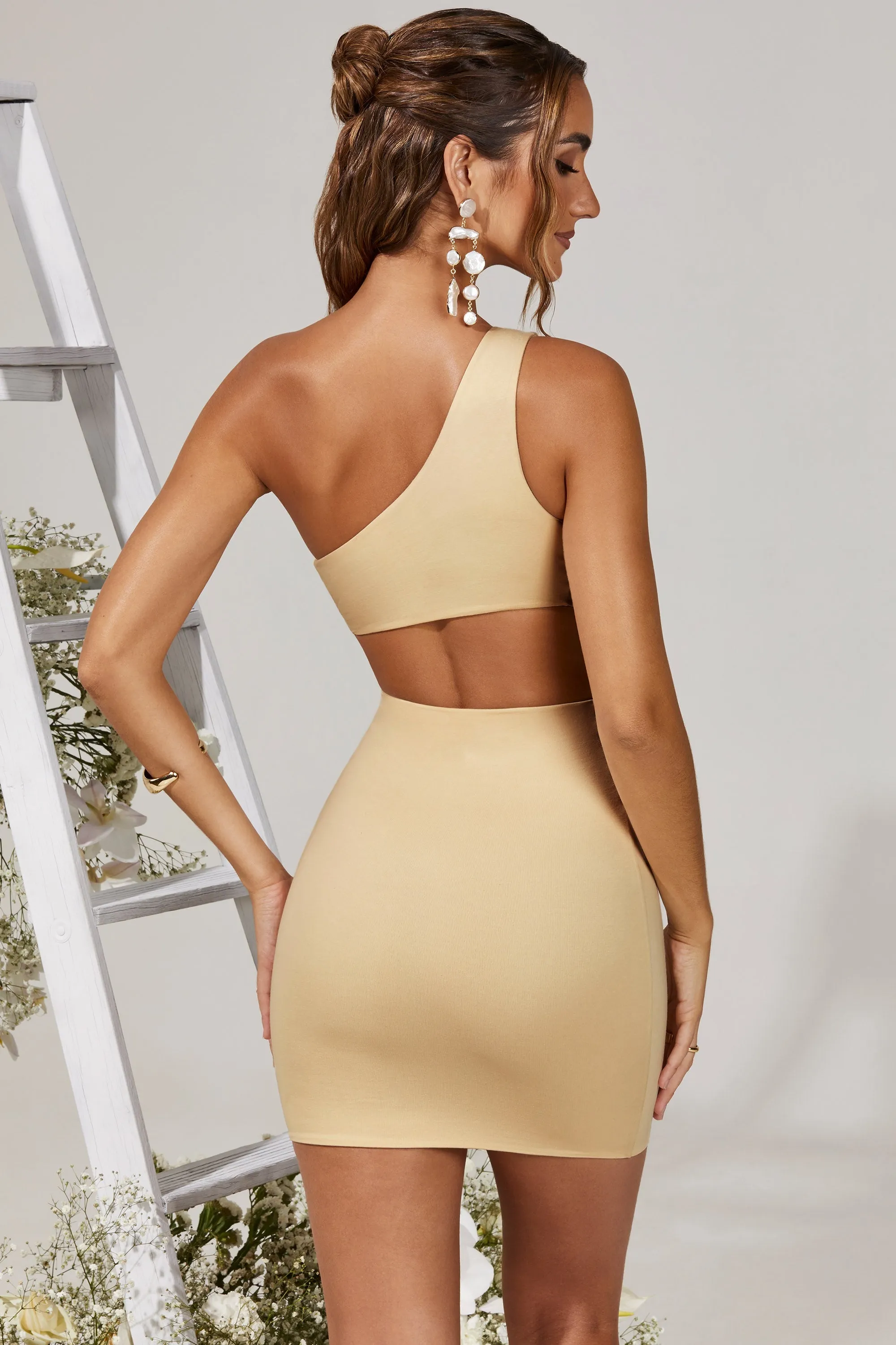 Asymmetric Twist Mini Dress in Cream