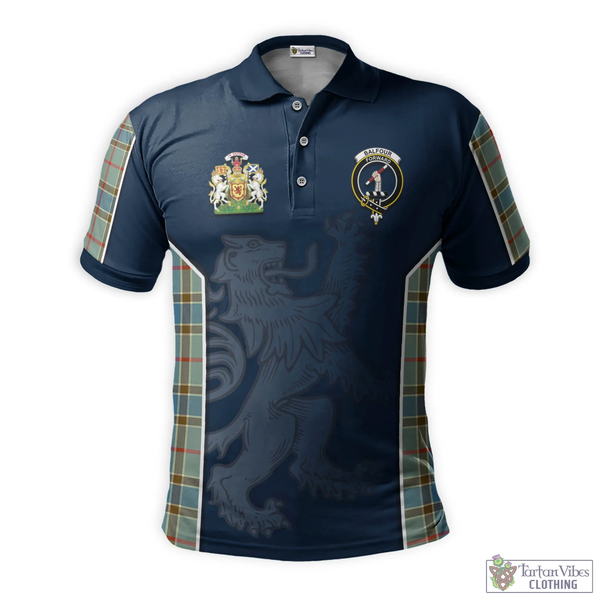 Balfour Blue Tartan Men's Polo Shirt with Family Crest and Lion Rampant Vibes Sport Style