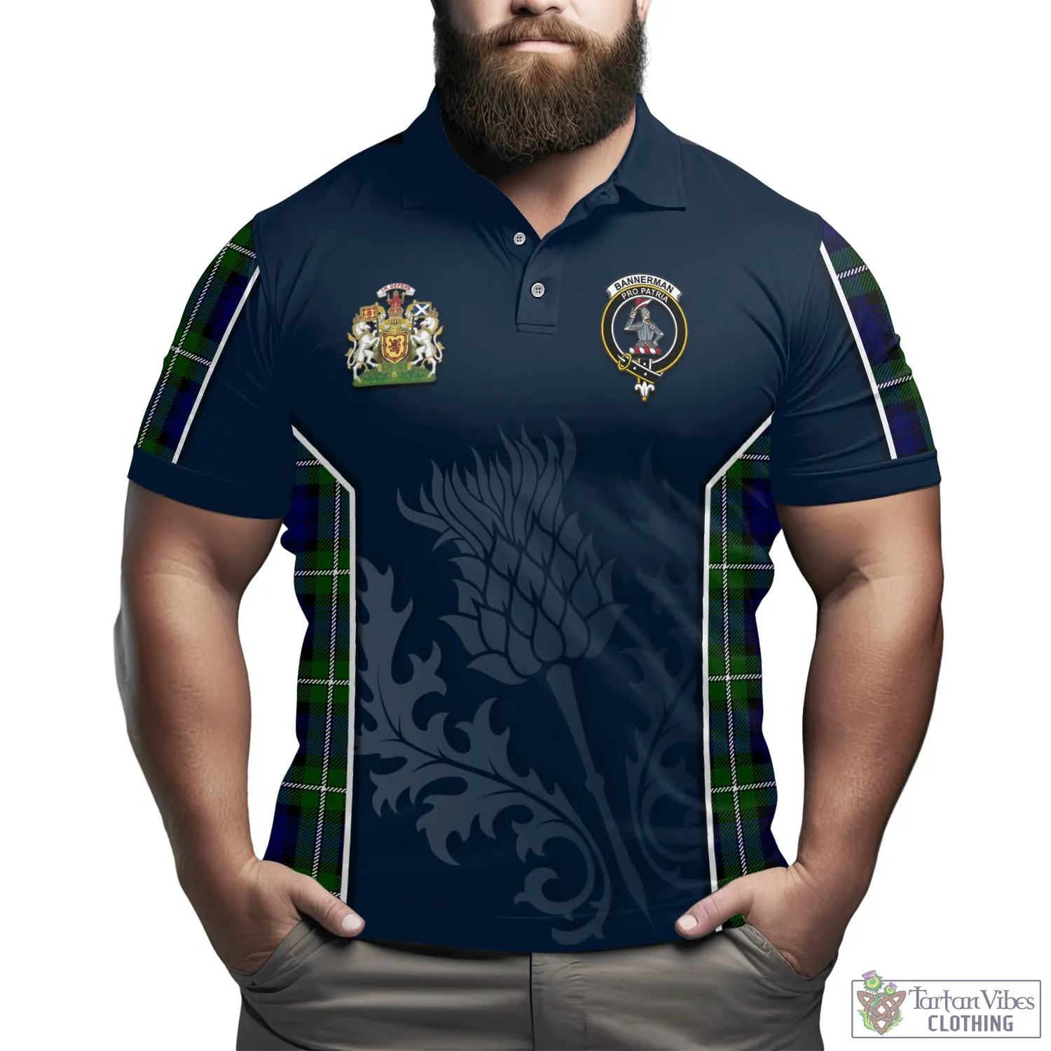 Bannerman Tartan Men's Polo Shirt with Family Crest and Scottish Thistle Vibes Sport Style