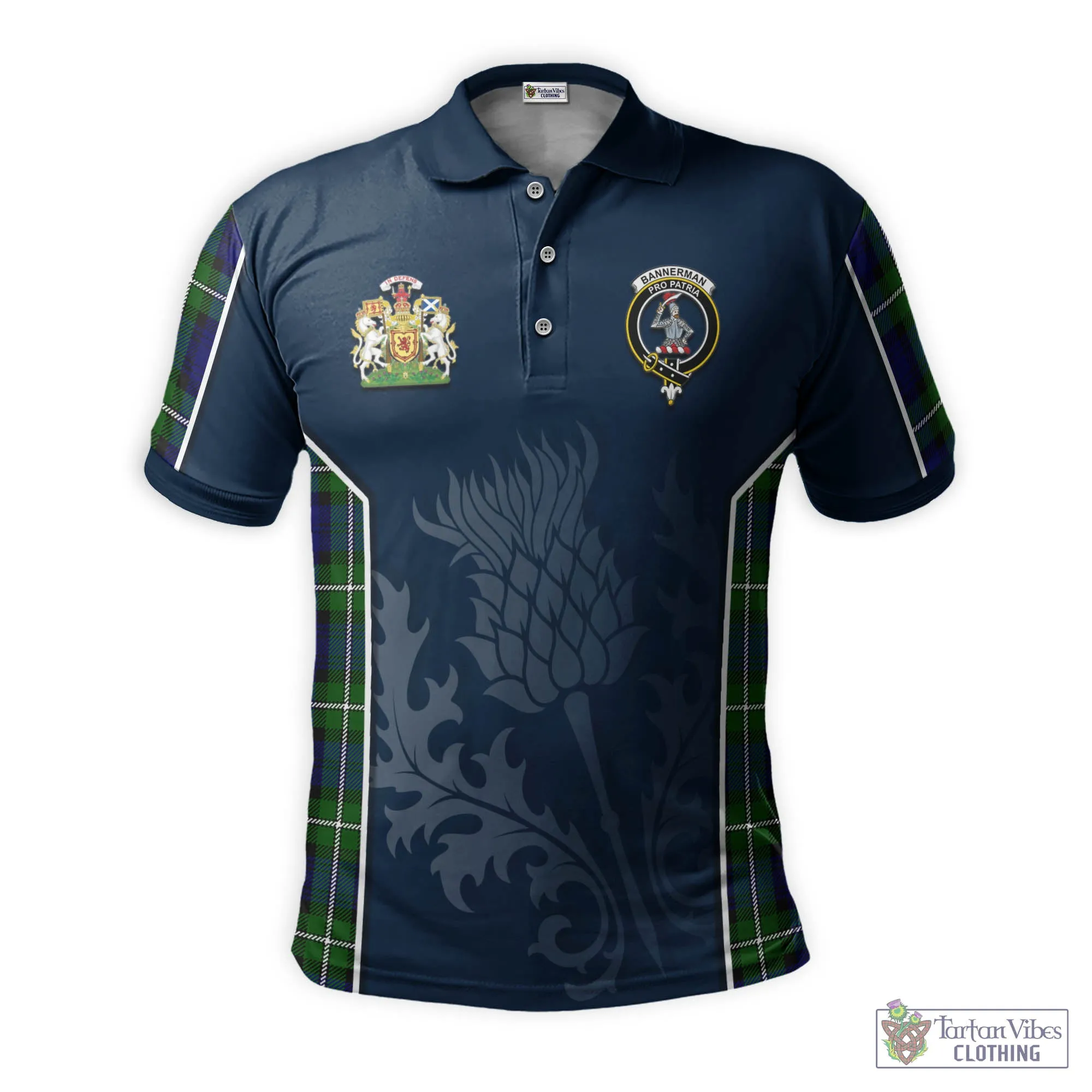 Bannerman Tartan Men's Polo Shirt with Family Crest and Scottish Thistle Vibes Sport Style