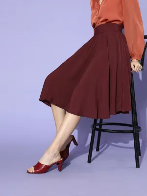 Berrylush Women Solid Maroon Flared A-Line Midi Skirt