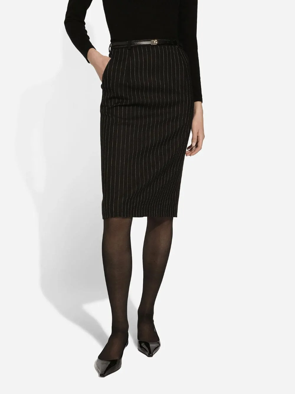 Black Pinstripe Wool Pencil Skirt