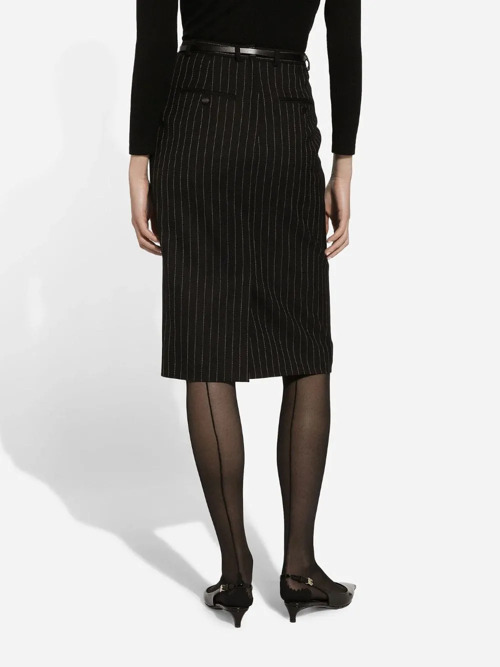 Black Pinstripe Wool Pencil Skirt