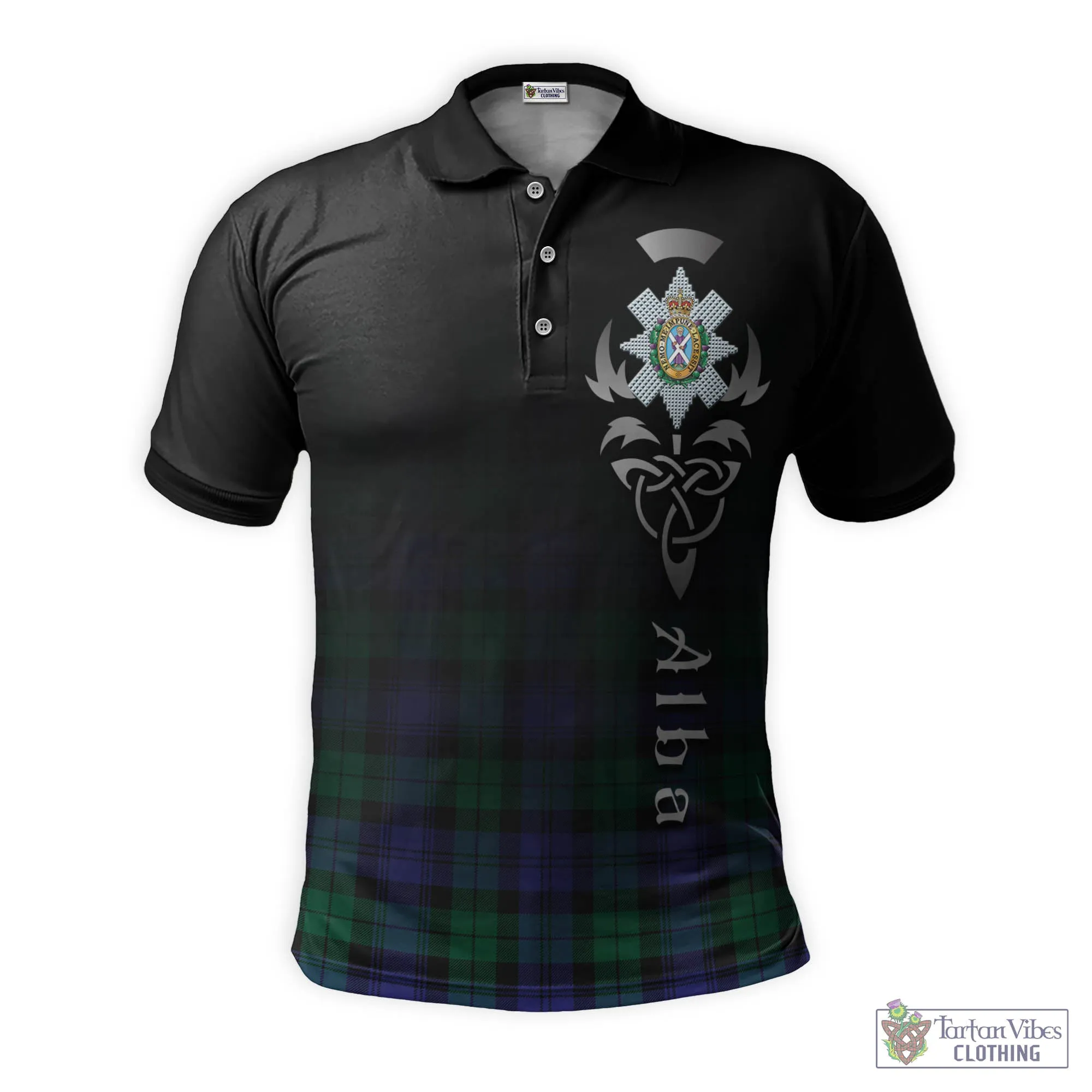 Black Watch Modern Tartan Polo Shirt Featuring Alba Gu Brath Family Crest Celtic Inspired