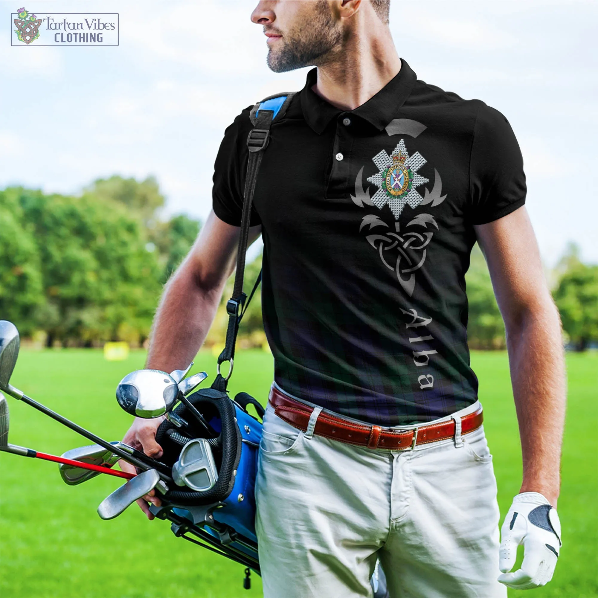 Black Watch Modern Tartan Polo Shirt Featuring Alba Gu Brath Family Crest Celtic Inspired