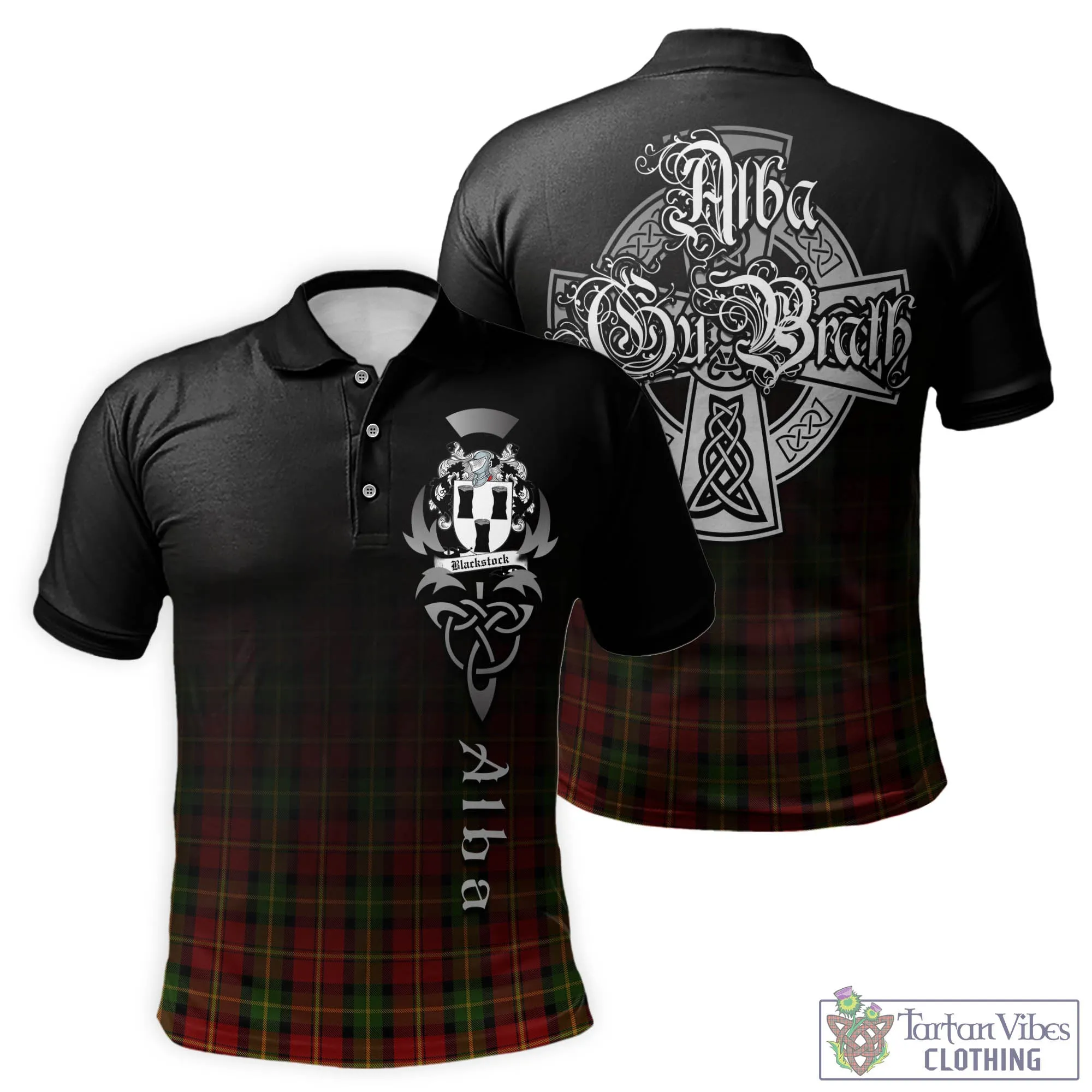 Blackstock Red Dress Tartan Polo Shirt Featuring Alba Gu Brath Family Crest Celtic Inspired