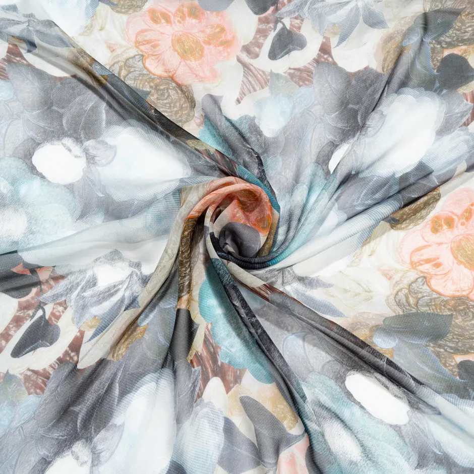 Blue & Orange Floral Printed Pure Silk Chiffon