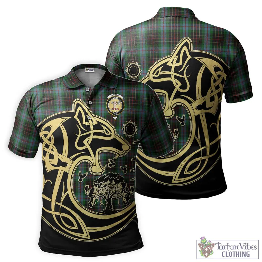 Brodie Hunting Tartan Polo Shirt with Family Crest Celtic Wolf Style