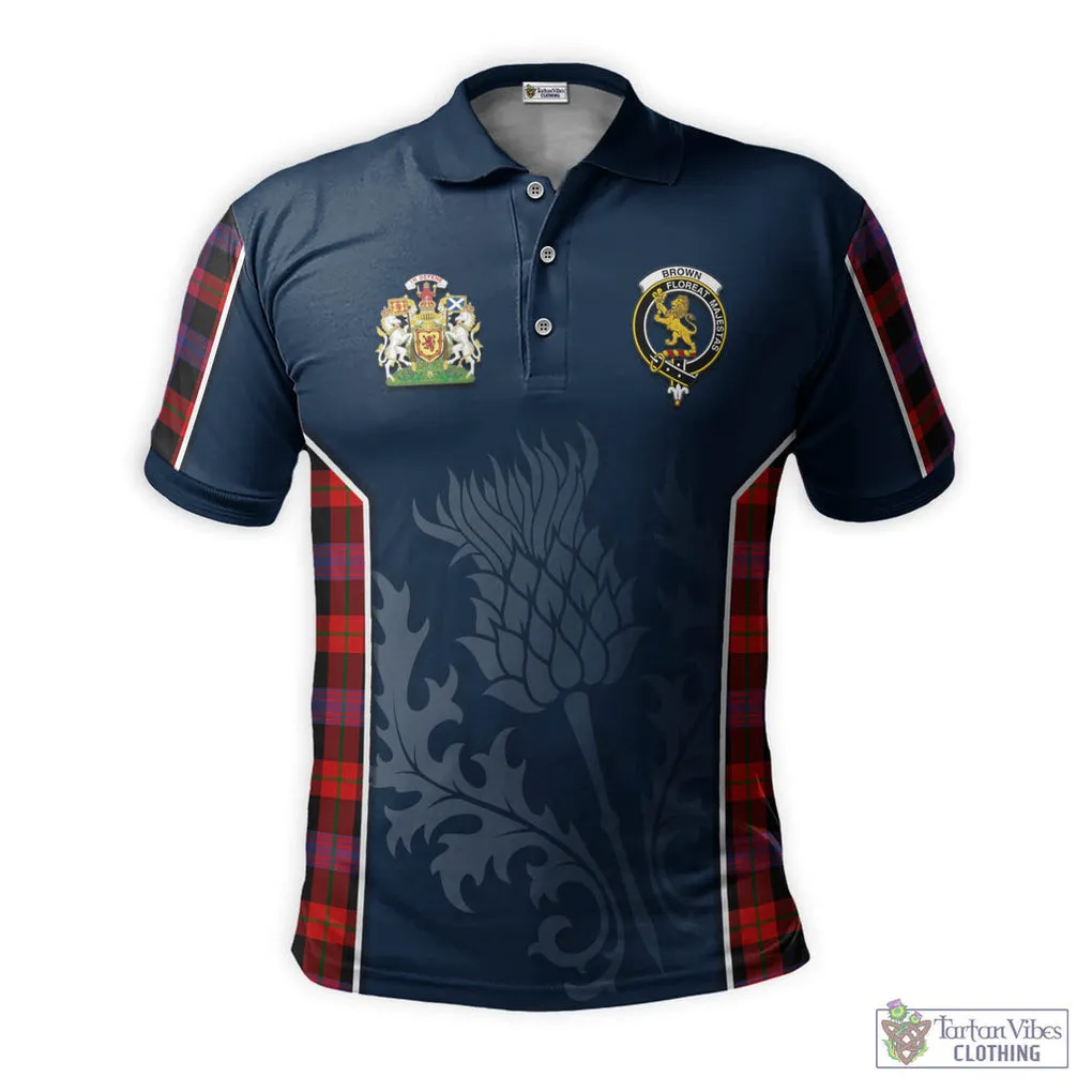 Brown (Broun) Tartan Men's Polo Shirt with Family Crest and Scottish Thistle Vibes Sport Style