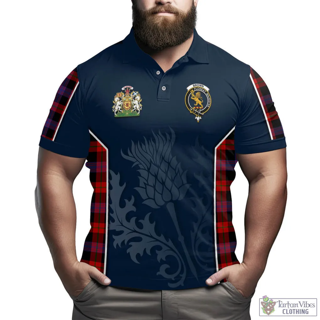 Brown (Broun) Tartan Men's Polo Shirt with Family Crest and Scottish Thistle Vibes Sport Style