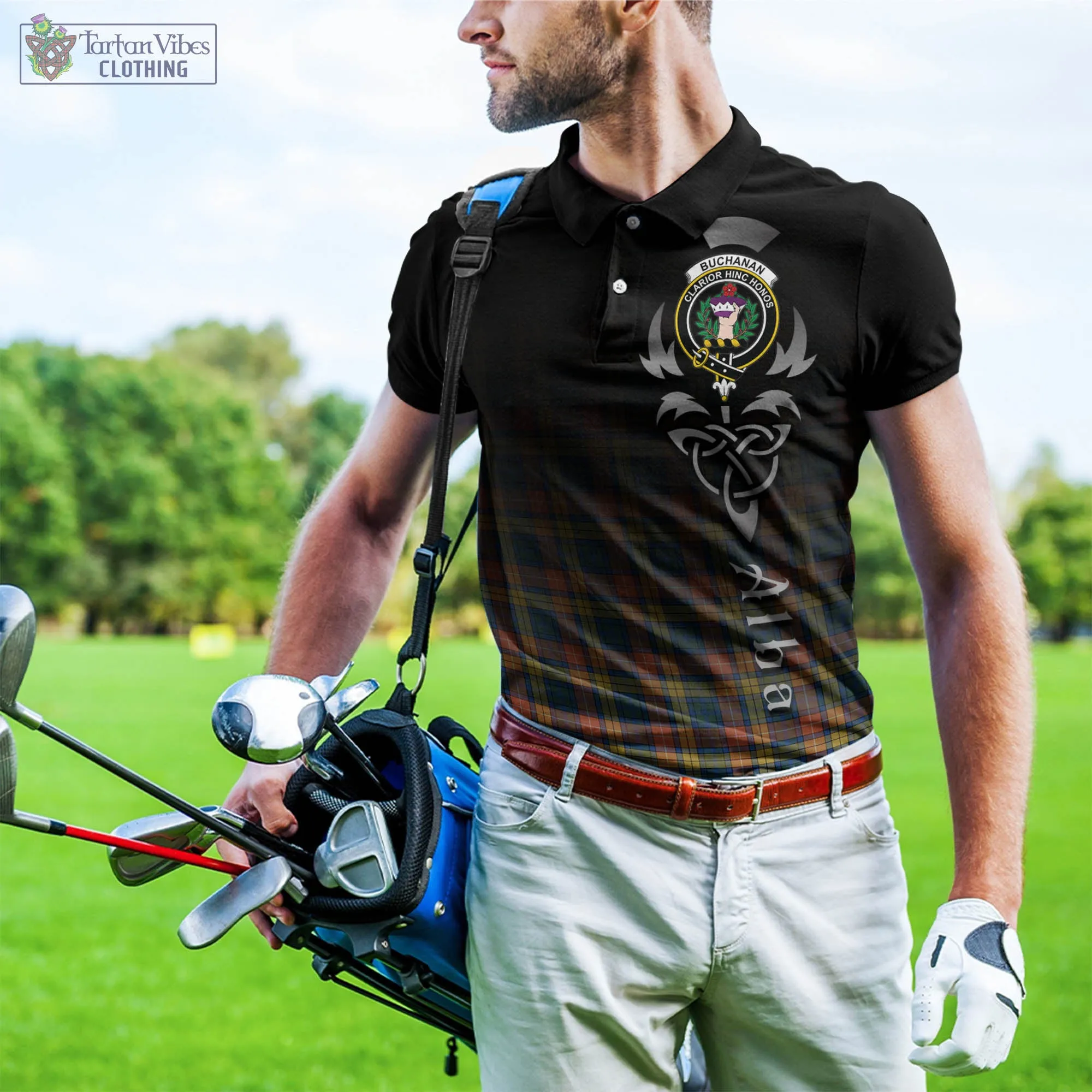 Buchanan Ancient Tartan Polo Shirt Featuring Alba Gu Brath Family Crest Celtic Inspired