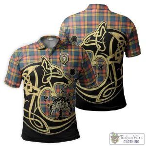 Buchanan Ancient Tartan Polo Shirt with Family Crest Celtic Wolf Style