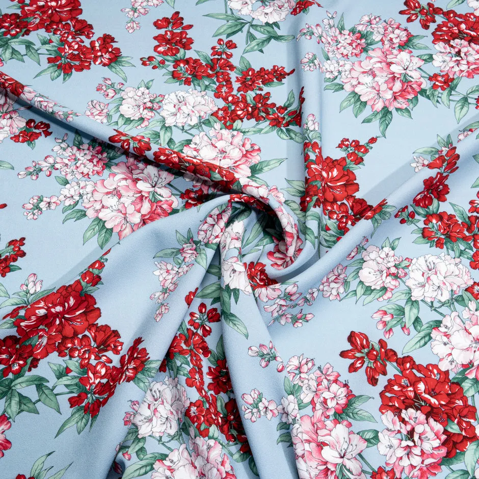 Busy Red Floral Printed Blue Viscose Crêpe