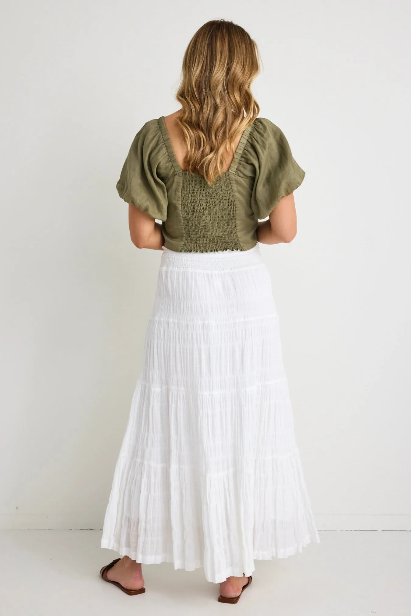 Charming White Cotton Shirred Tiered Maxi Skirt