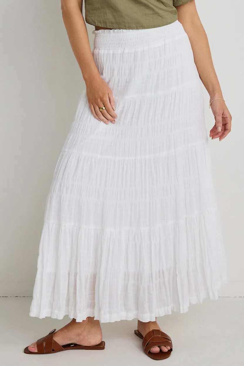 Charming White Cotton Shirred Tiered Maxi Skirt