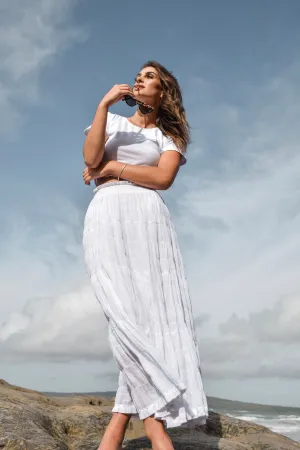 Charming White Cotton Shirred Tiered Maxi Skirt