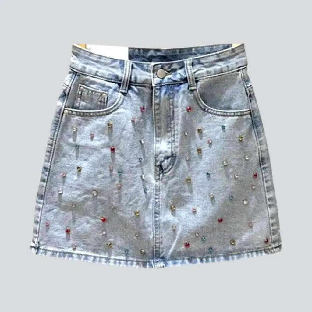 Color crystal-embellished denim skirt