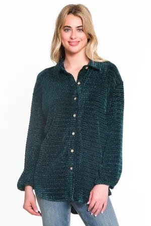 CRINKLE VELVET BUTTON UP SHIRT - Dark Green