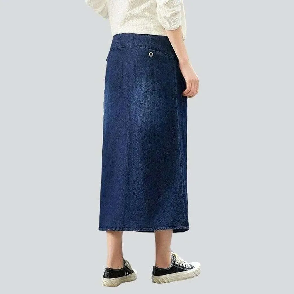 Dark wash long denim skirt