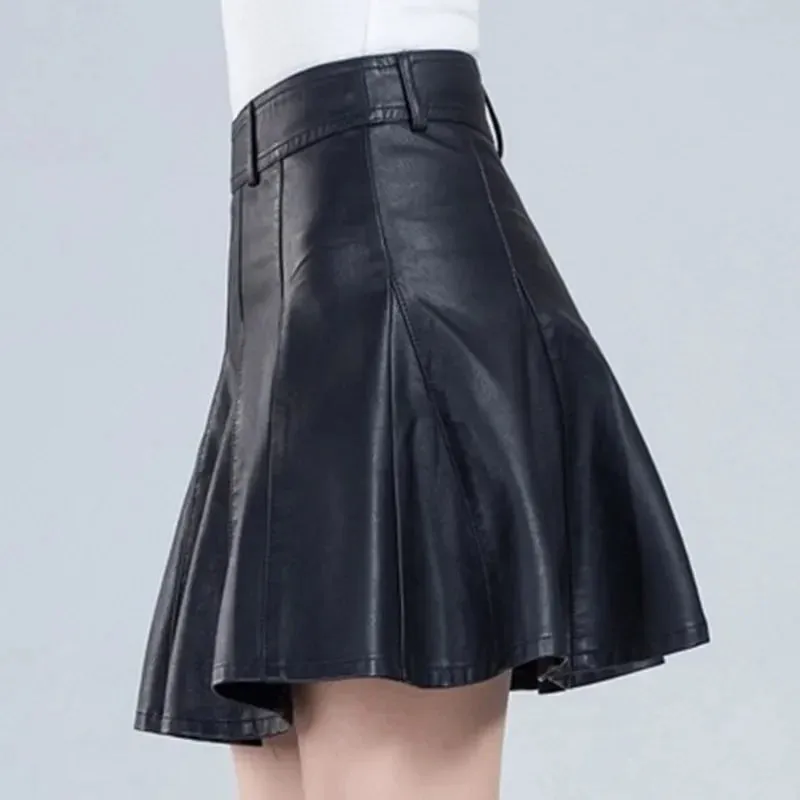 Elegant Plus Size New Fashion Korean Genuine Real Leather High Waist Sexy Skirt