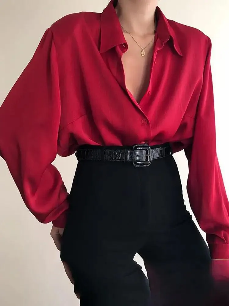 Elegant Red & Black Button-Down Office Blouse: Stylish & Professional Choice