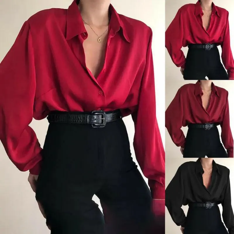 Elegant Red & Black Button-Down Office Blouse: Stylish & Professional Choice