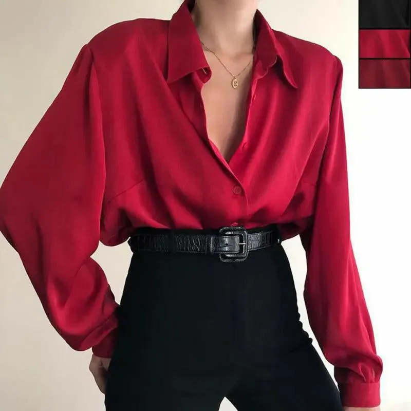 Elegant Red & Black Button-Down Office Blouse: Stylish & Professional Choice