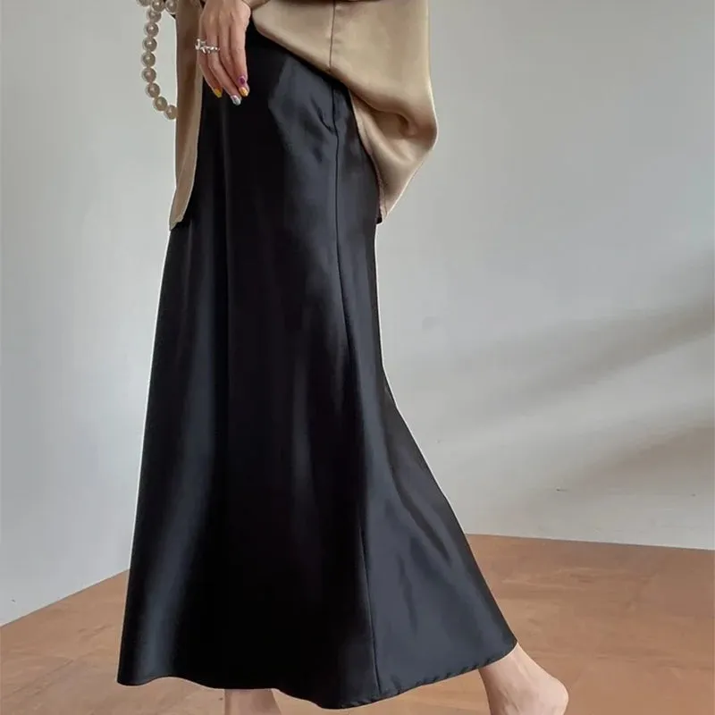 Elegant Solid Color Satin Silk Texture High Waist A-line Maxi Skirt