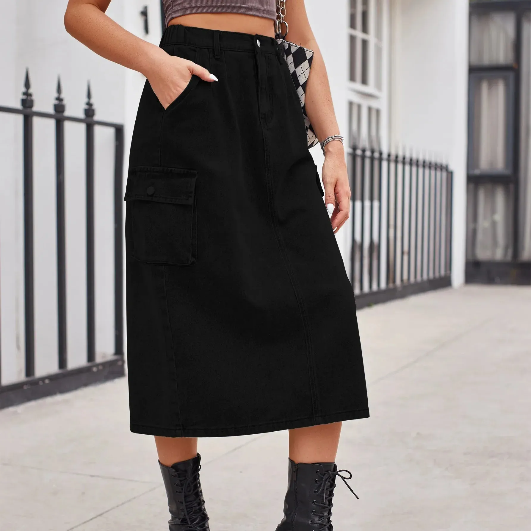 Elegant Straight Button Pockets Split Maxi Denim Skirt