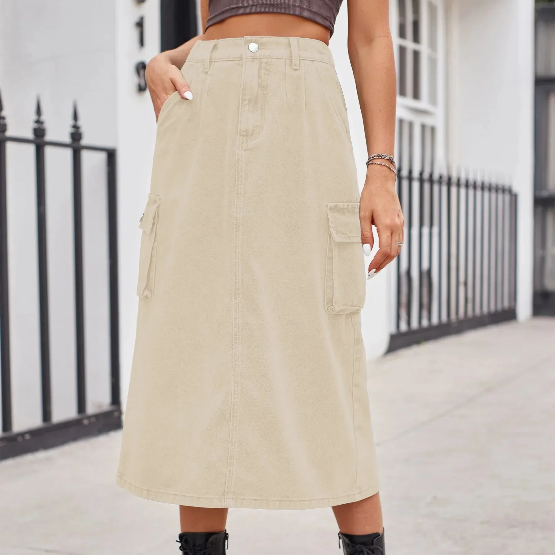 Elegant Straight Button Pockets Split Maxi Denim Skirt