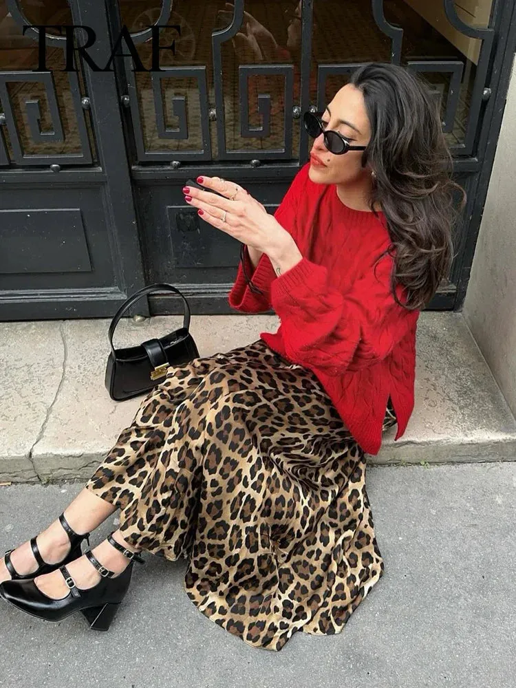 Elegant Summer High Waist Leopard Print Midi Skirt