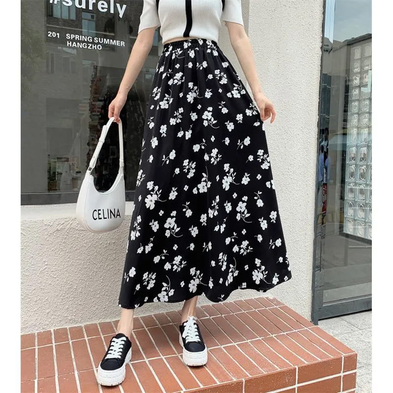 Floral Print Full Skirt Fairy Skirt Graceful Elastic Waist Mesh Skirt