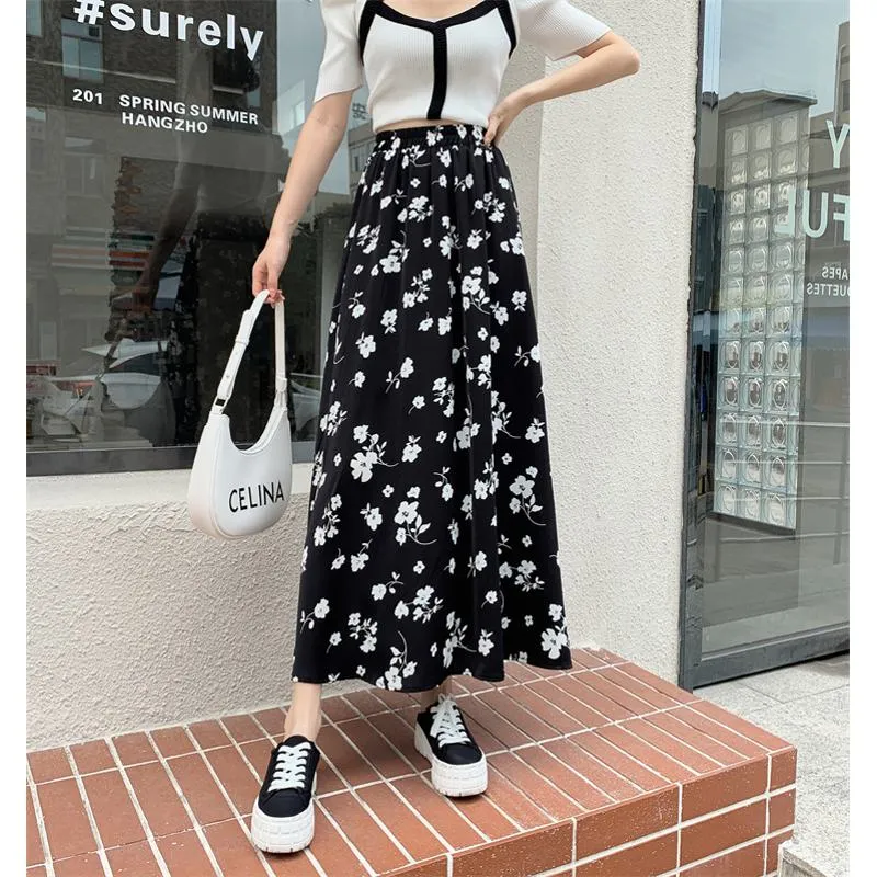 Floral Print Full Skirt Fairy Skirt Graceful Elastic Waist Mesh Skirt