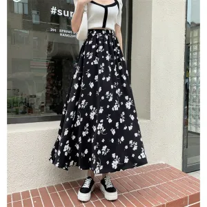 Floral Print Full Skirt Fairy Skirt Graceful Elastic Waist Mesh Skirt