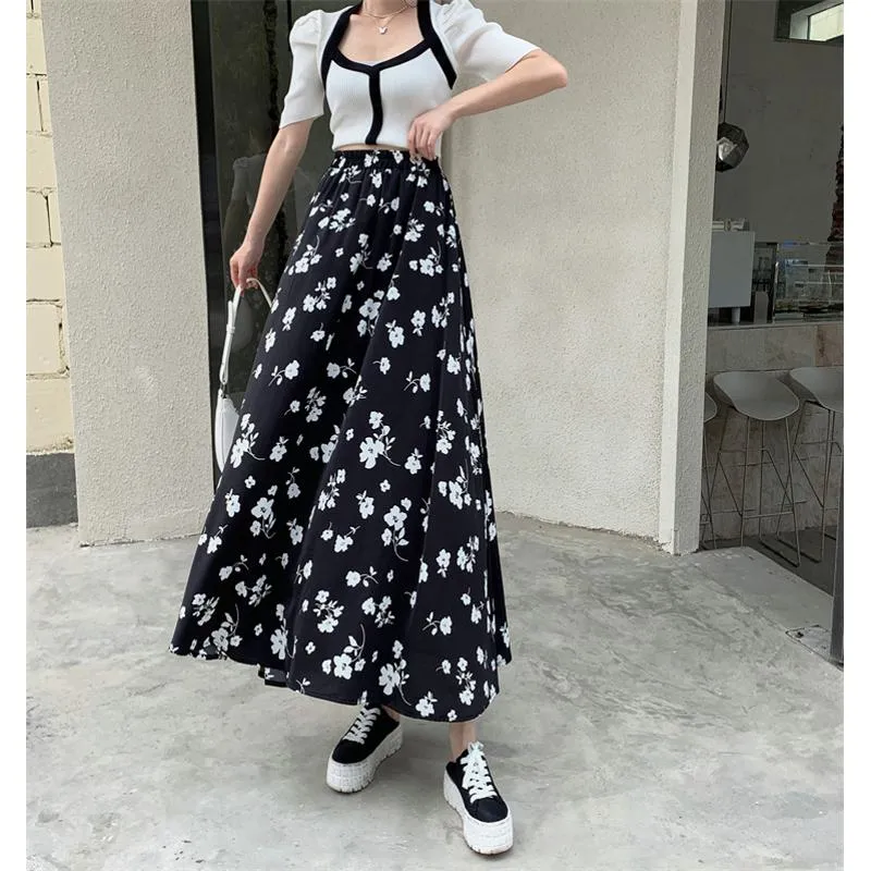 Floral Print Full Skirt Fairy Skirt Graceful Elastic Waist Mesh Skirt