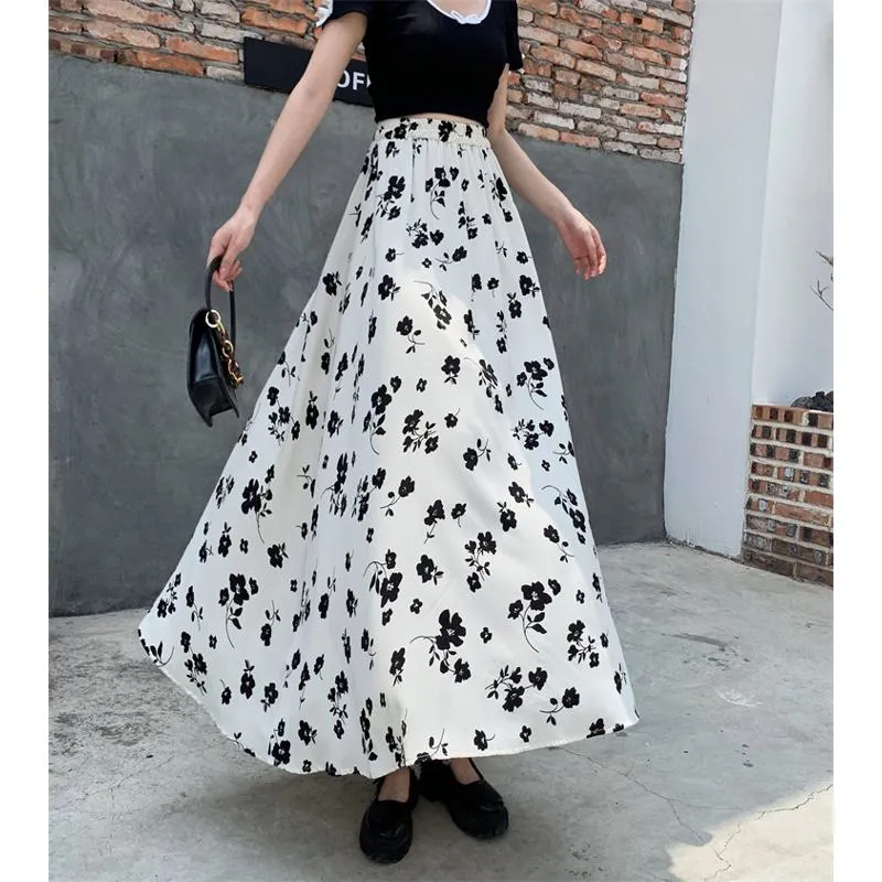 Floral Print Full Skirt Fairy Skirt Graceful Elastic Waist Mesh Skirt