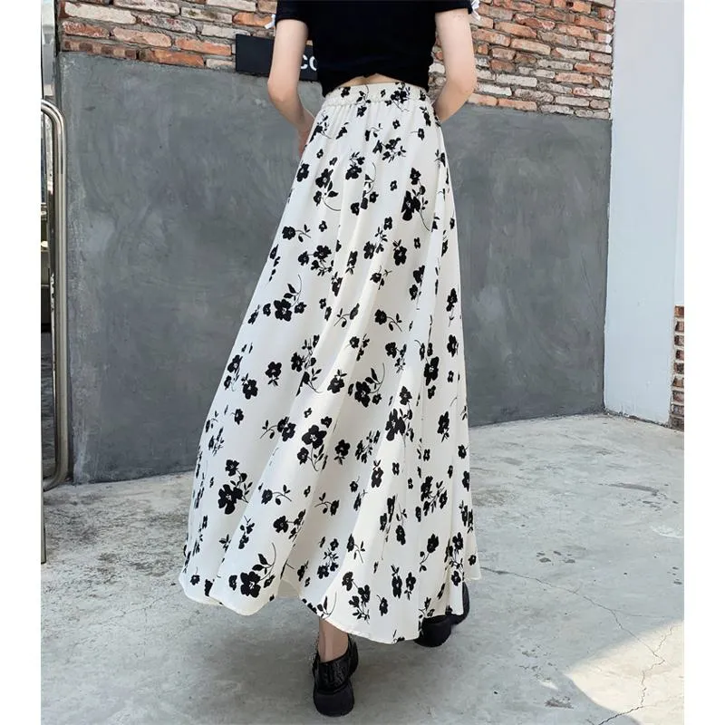 Floral Print Full Skirt Fairy Skirt Graceful Elastic Waist Mesh Skirt