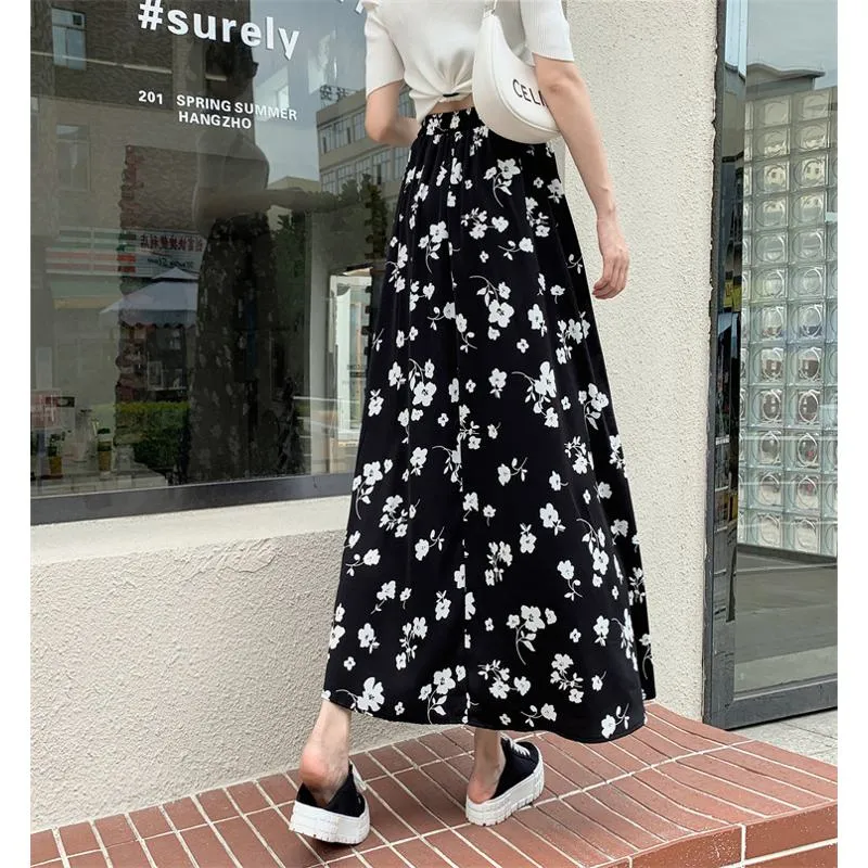 Floral Print Full Skirt Fairy Skirt Graceful Elastic Waist Mesh Skirt