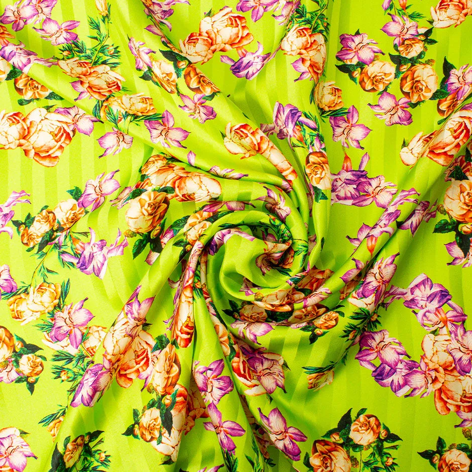 Floral Printed Bright Green Candy Striped Silk Jacquard