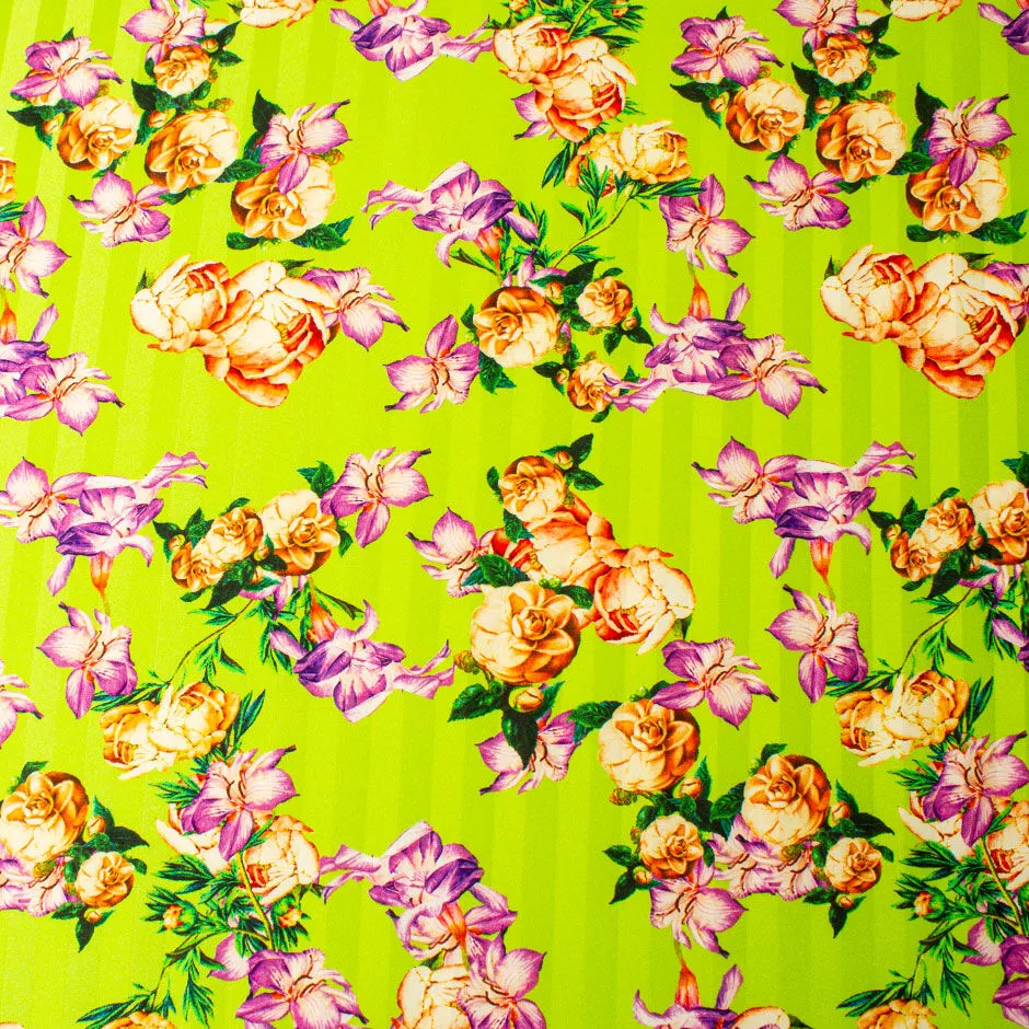 Floral Printed Bright Green Candy Striped Silk Jacquard