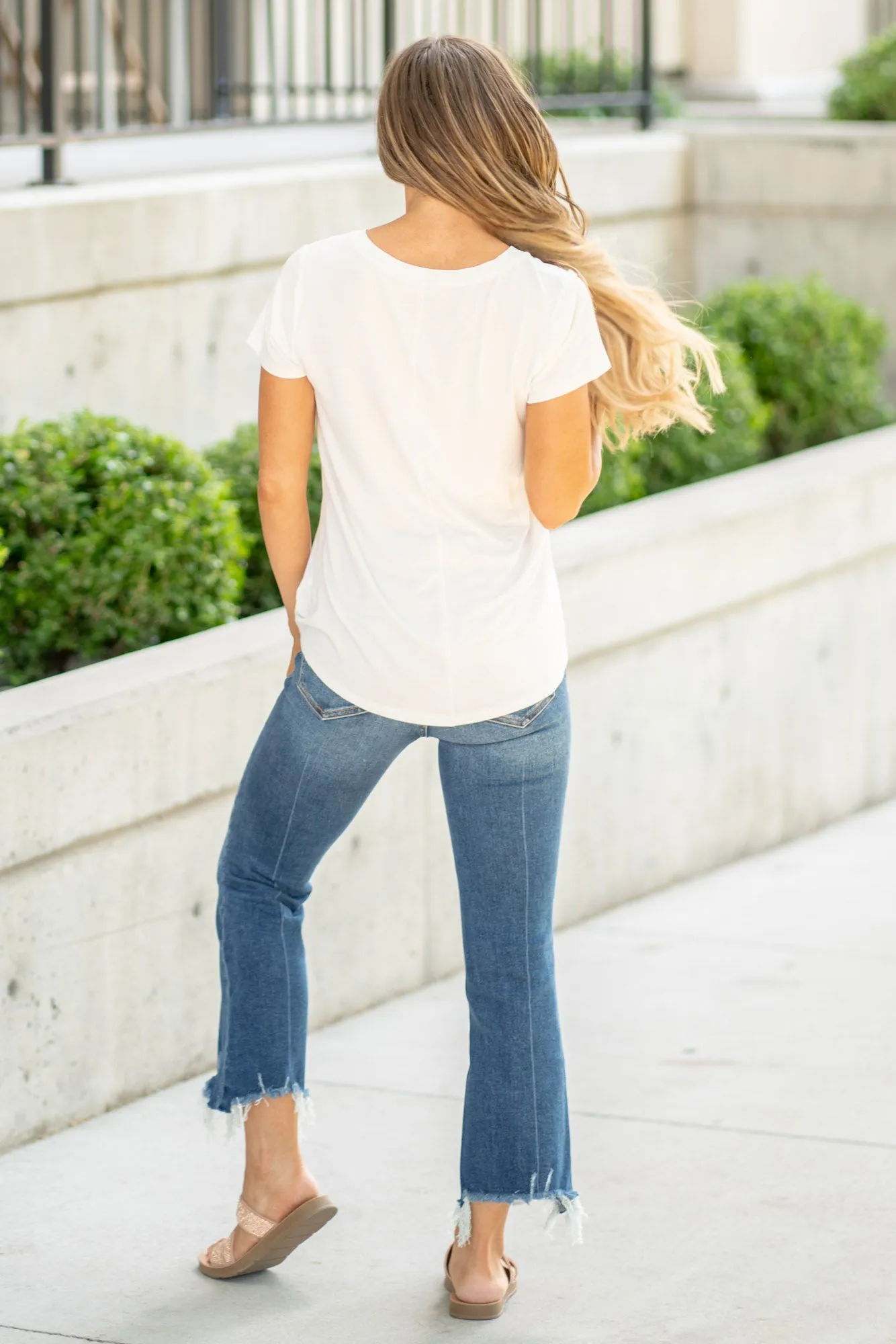 Flowy Round Hem Rayon Short Sleeve Top Ivory