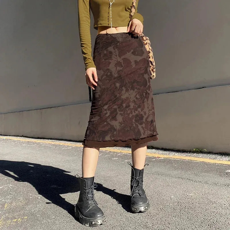 Girlary Fairy Grunge Aesthetics Brown Mesh Midi Skirts Y2K Streetwear Low Waist Printing A-Line Skirt Elfcore Outfits Retro Fall