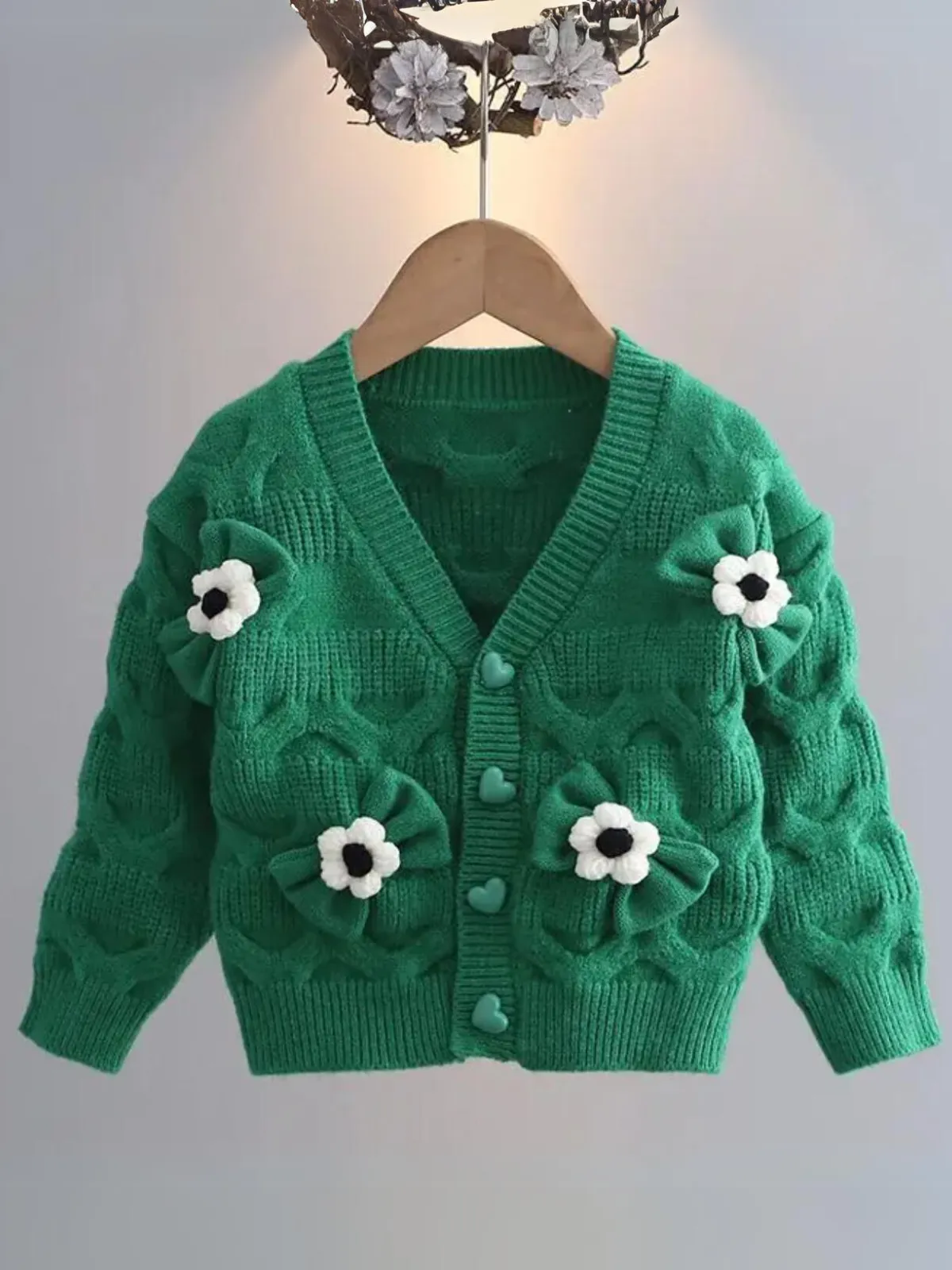 Girls Floral Button-Up Cardigan with Adorable 3D Flower Details and Heart-Shaped Buttons