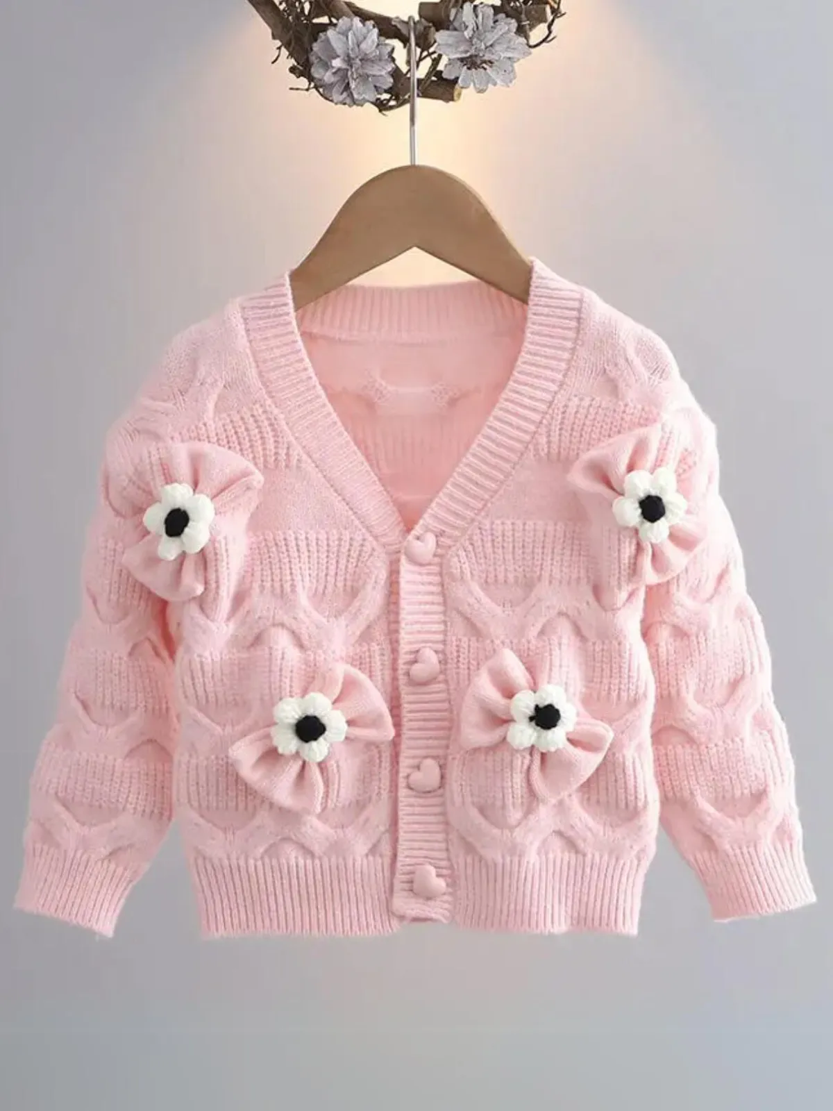 Girls Floral Button-Up Cardigan with Adorable 3D Flower Details and Heart-Shaped Buttons