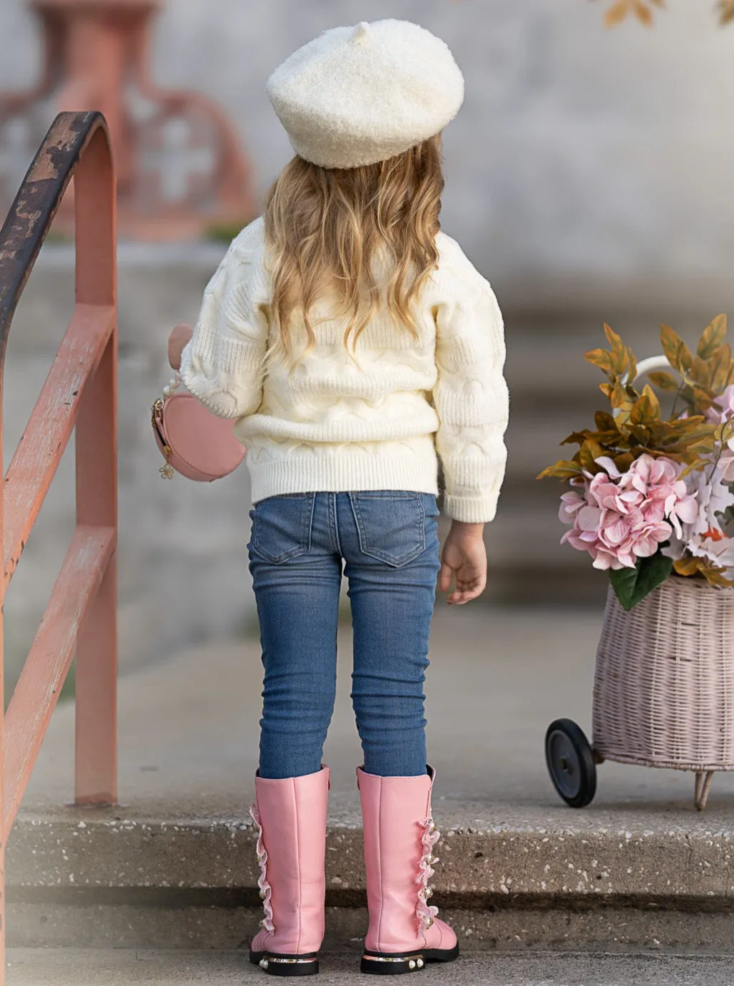 Girls Floral Button-Up Cardigan with Adorable 3D Flower Details and Heart-Shaped Buttons