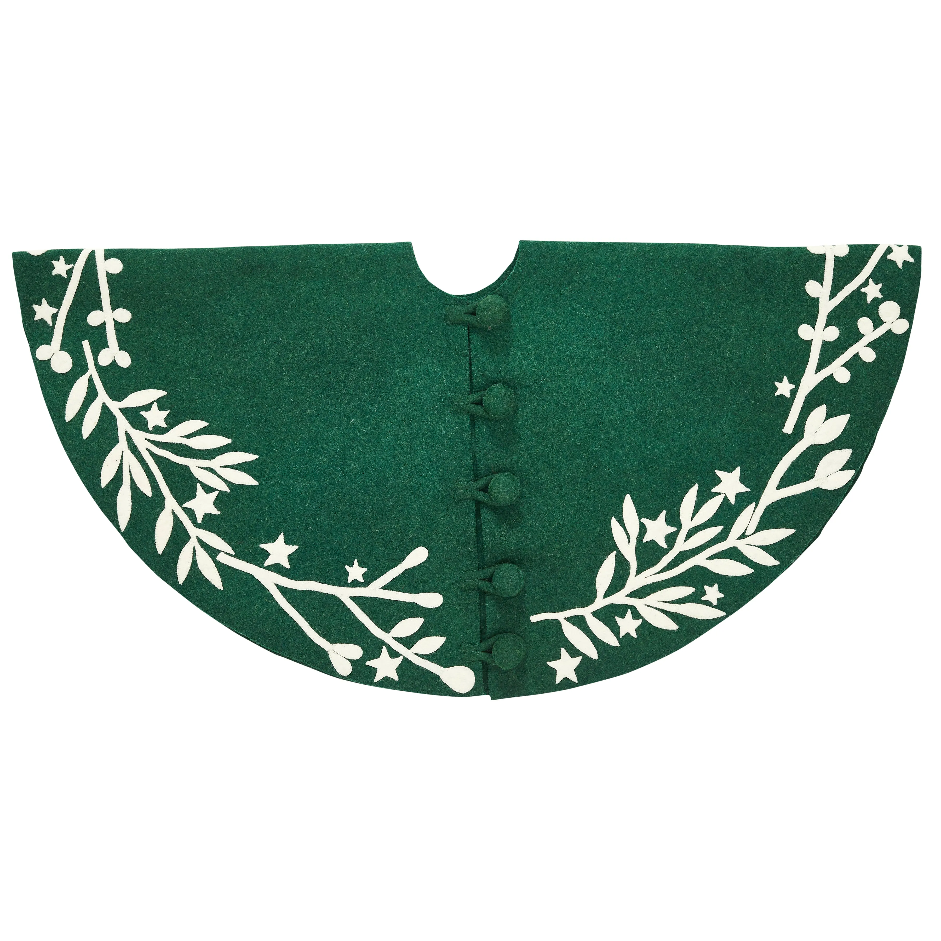 Handmade Green Christmas Tree Skirt in Felt - Cream Branches and Stars - 60"