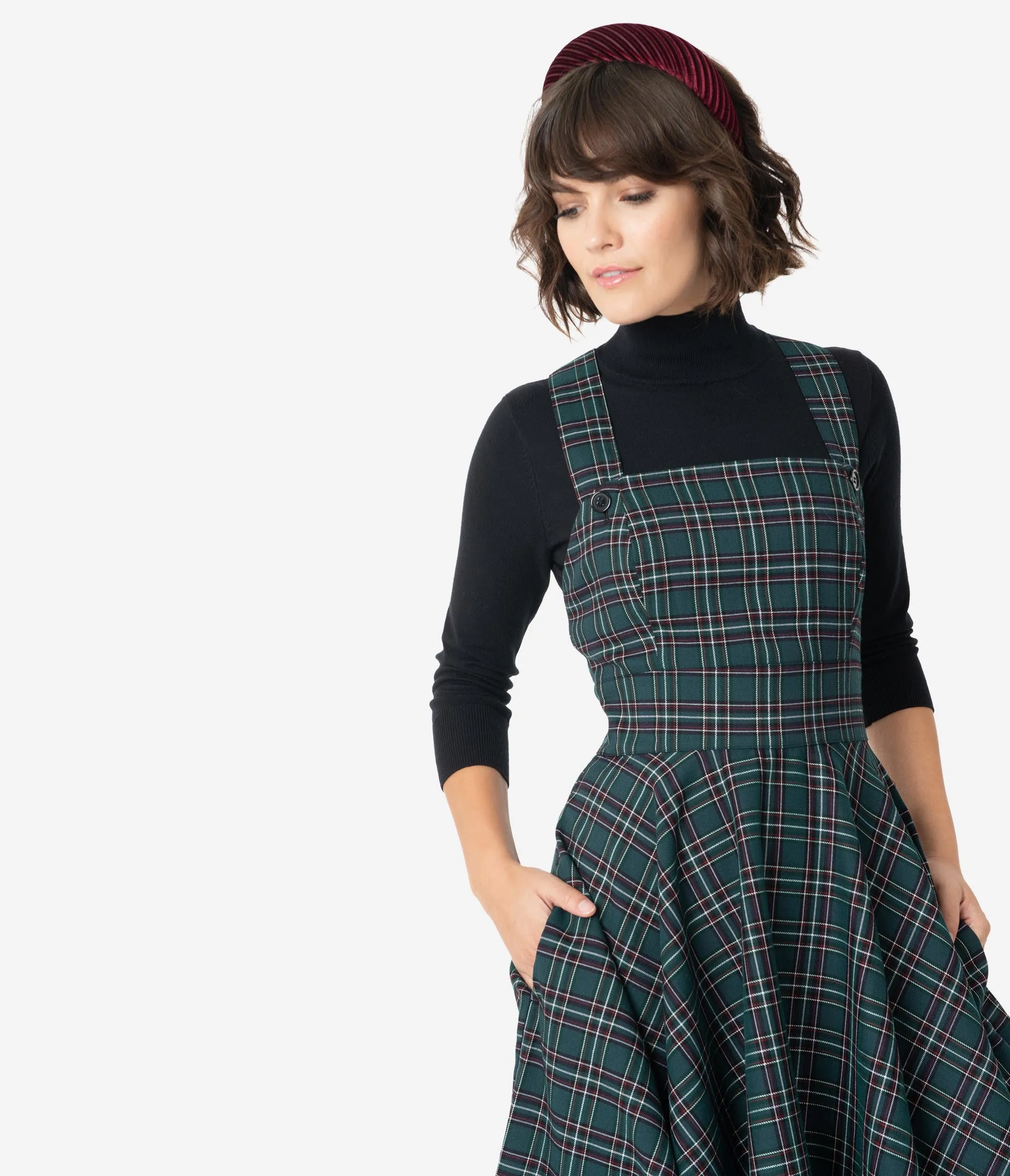 Hell Bunny 1960s Emerald Green Plaid Peebles Pinafore Dress